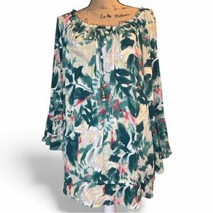 I.N. Studio Teal and Coral Floral Boho Blouse. NWT. Size X-Large